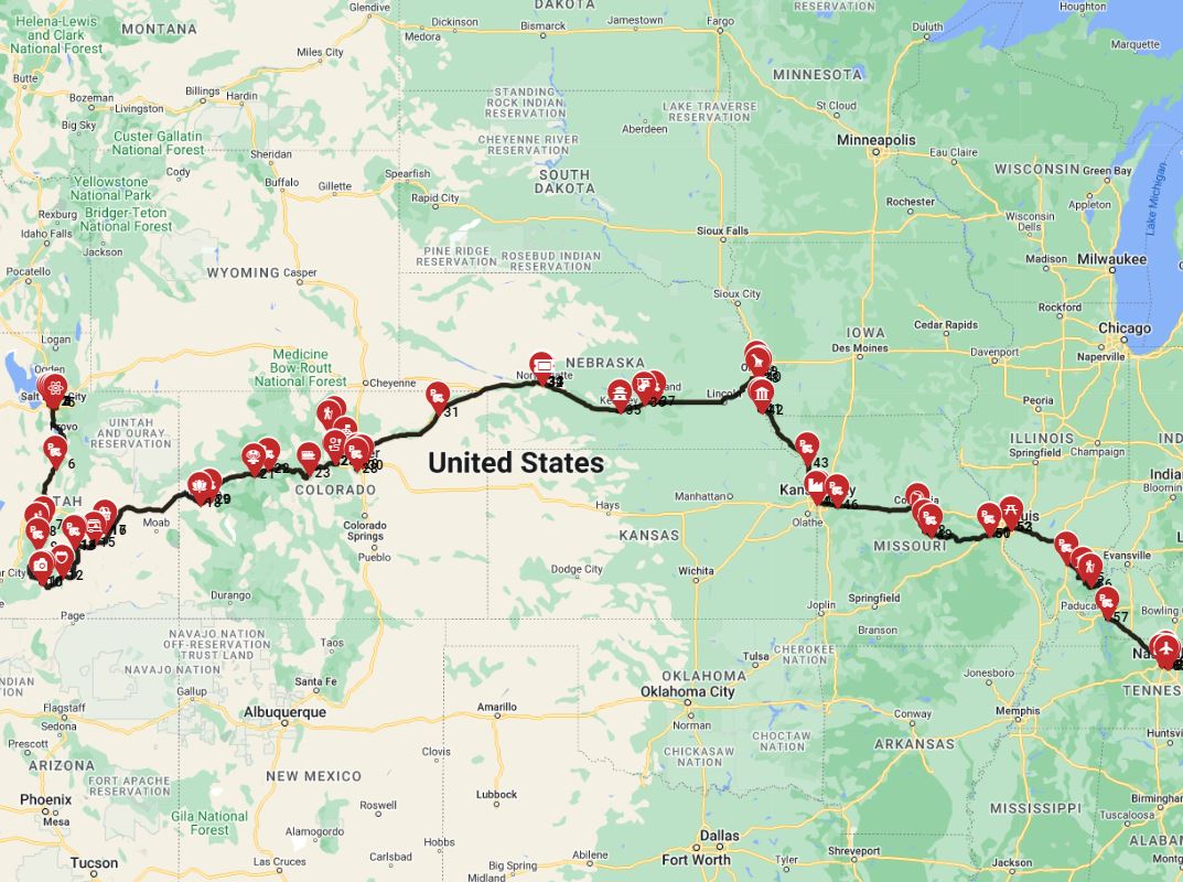 Map for Salt Lake City to Nashville - Southern Serenade